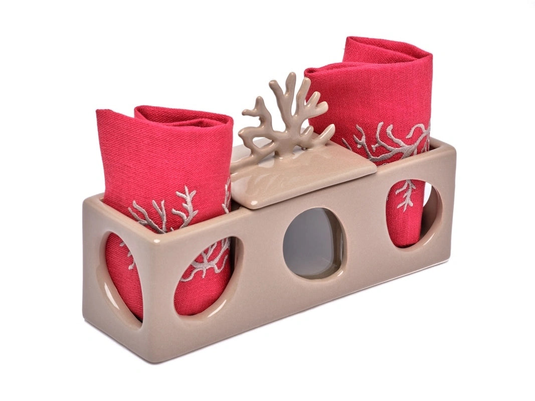 Coral Box &amp; Embroidered Hand Towels Set