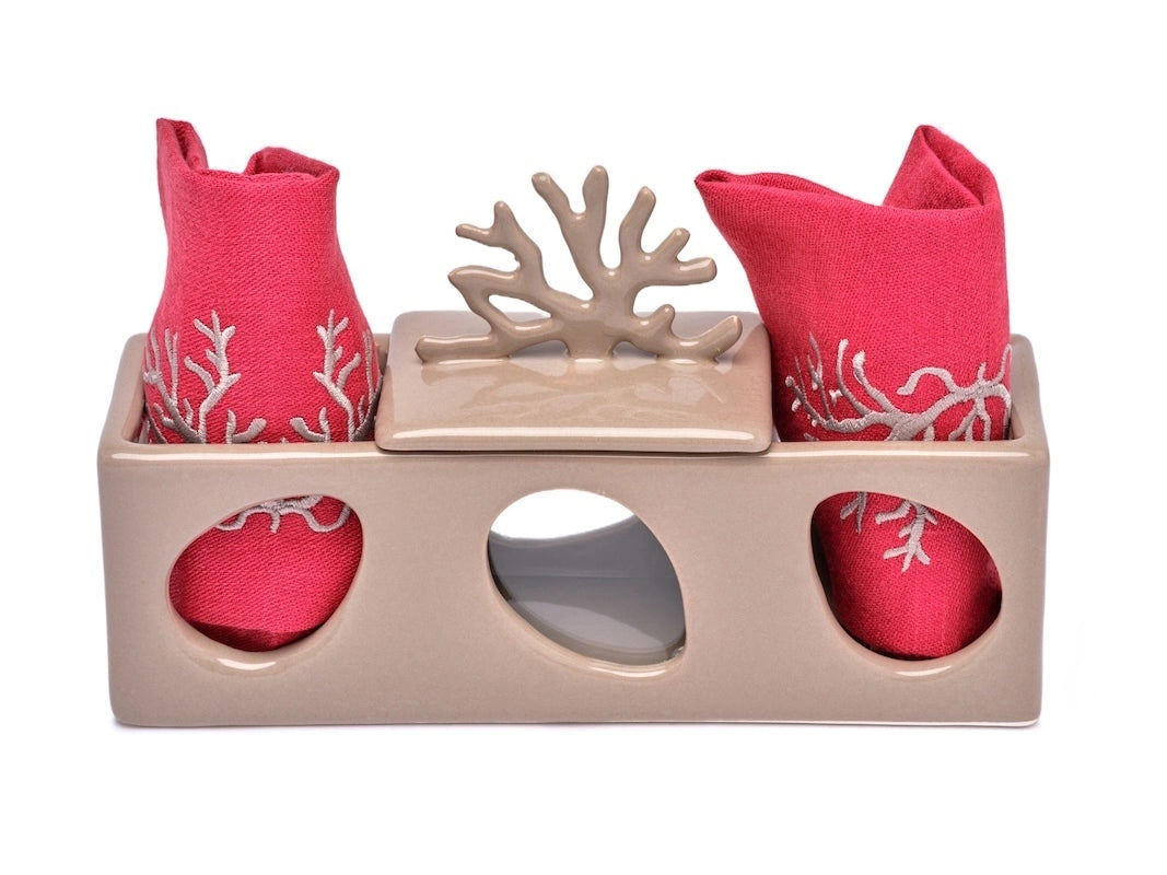 Coral Box &amp; Embroidered Hand Towels Set