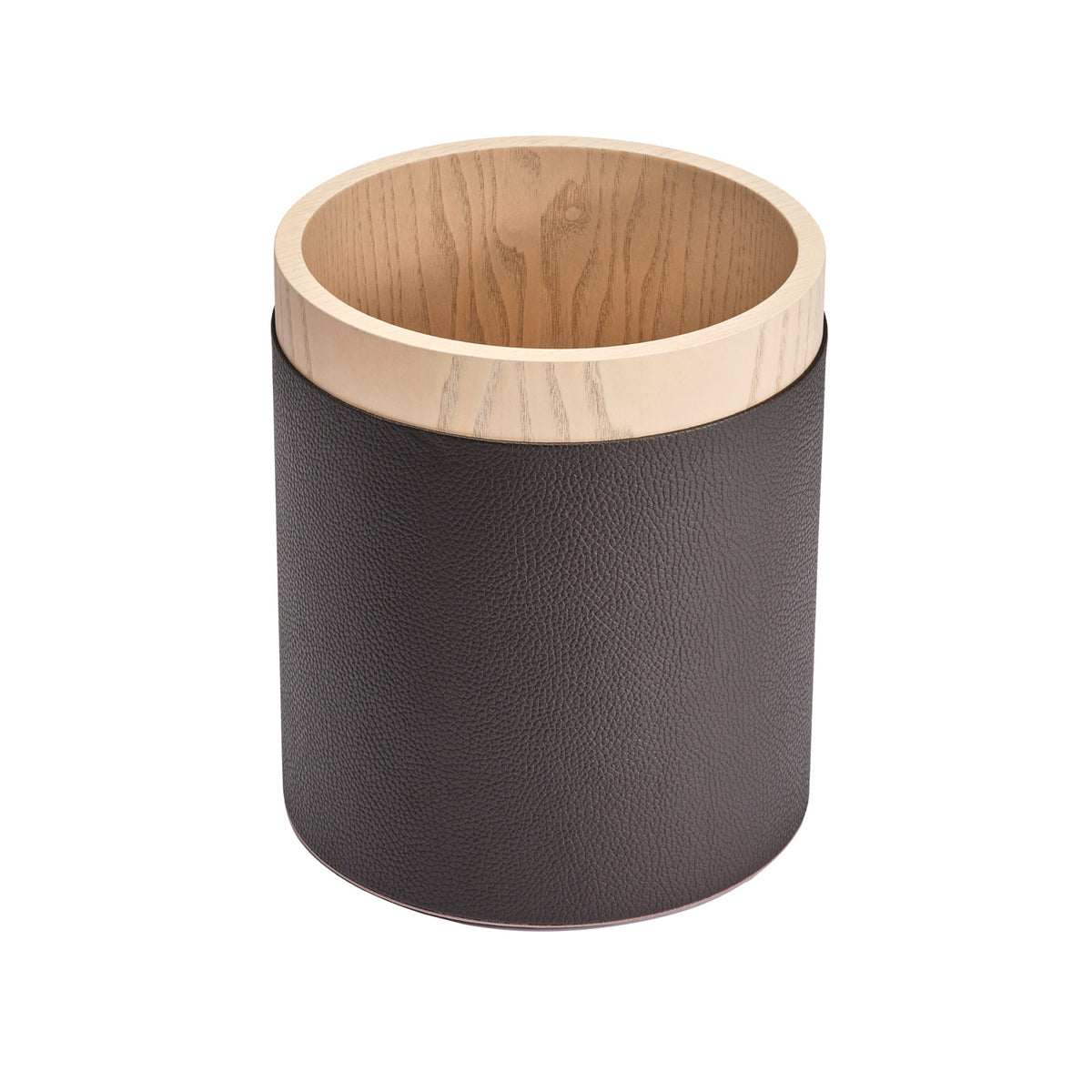 Dama Round Wood and Leather Bin